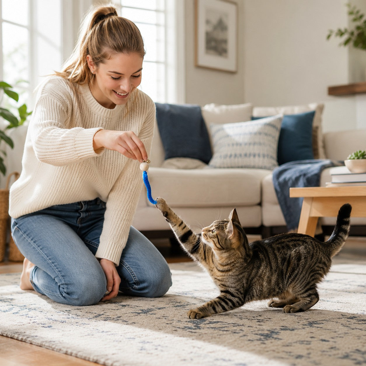 Tap2Own interactive cat wand toy with wooden ball and blue chenille tail, a cat is playfully batting at it.