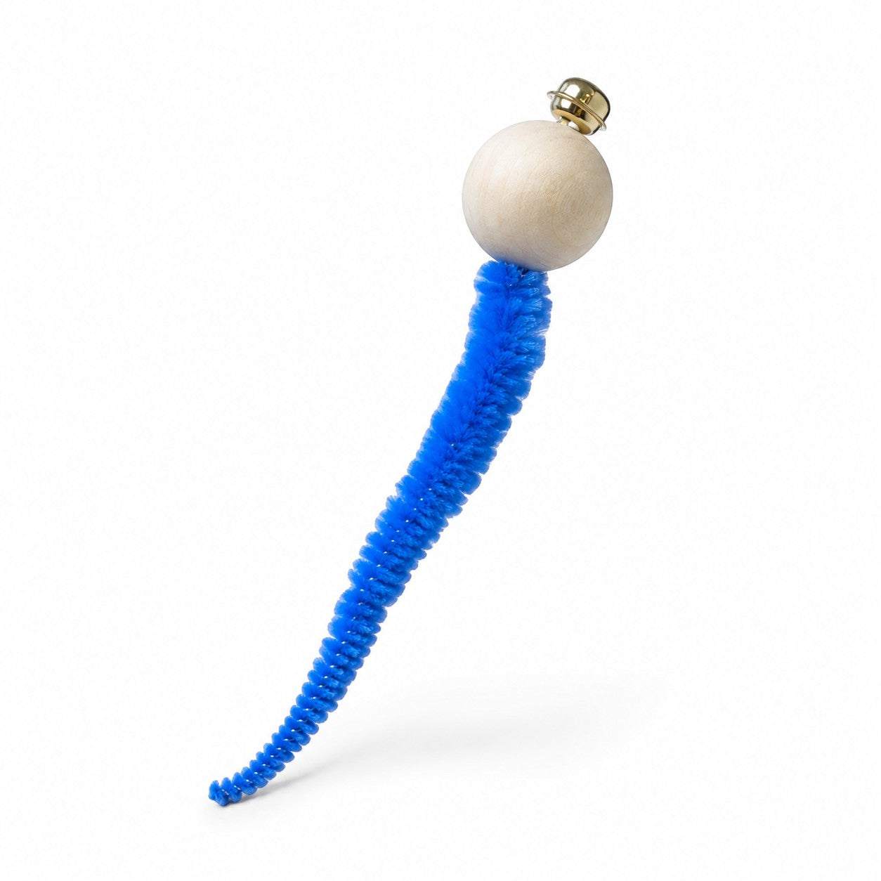 Tap2Own interactive cat wand toy with a wooden ball, blue chenille tail, and a golden bell.