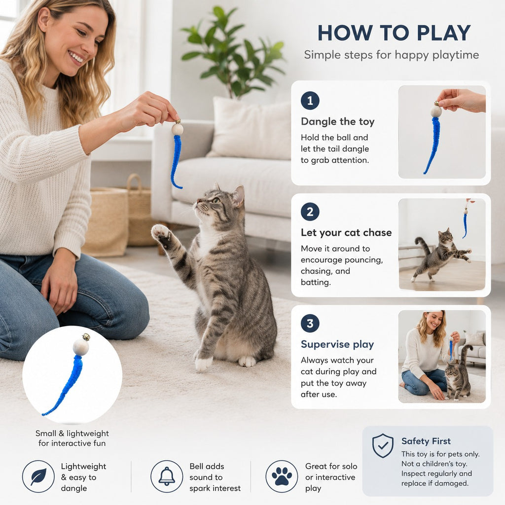 Tap2Own interactive cat wand toy with blue chenille tail and wooden ball, featuring a bell for auditory stimulation.