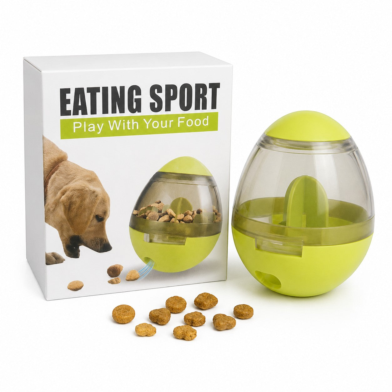 Tap2Own interactive dog treat dispensing egg toy in lime green, made of durable plastic, with clear section showing kibble.