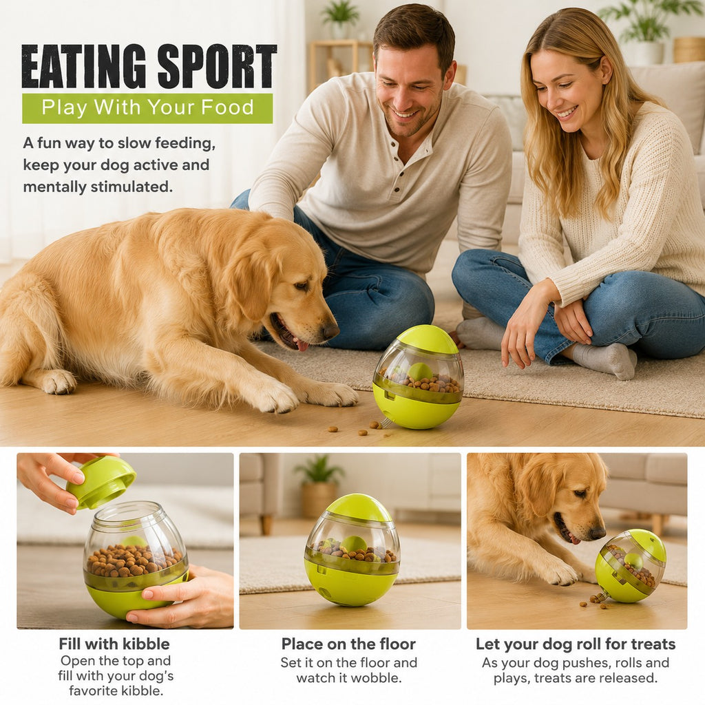 Tap2Own interactive lime green dog treat dispensing egg toy with transparent section, filled with kibble.