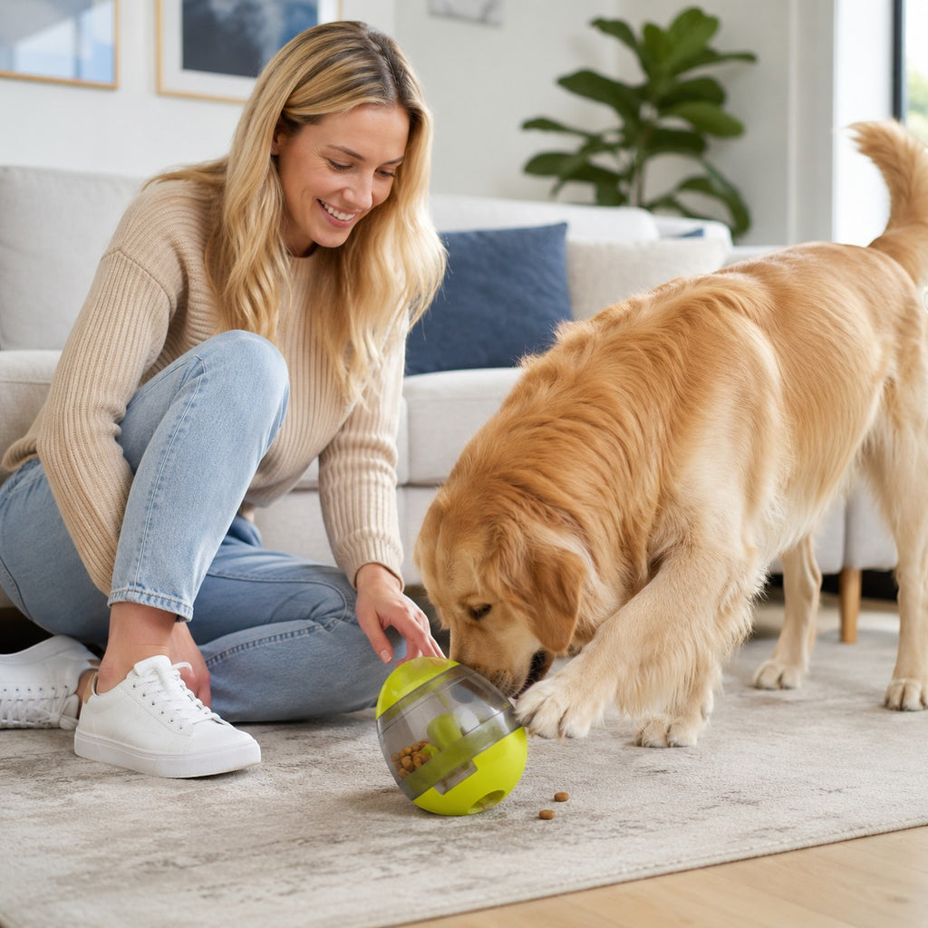 Tap2Own interactive lime green dog treat dispensing egg toy with transparent section, dog playing with it.