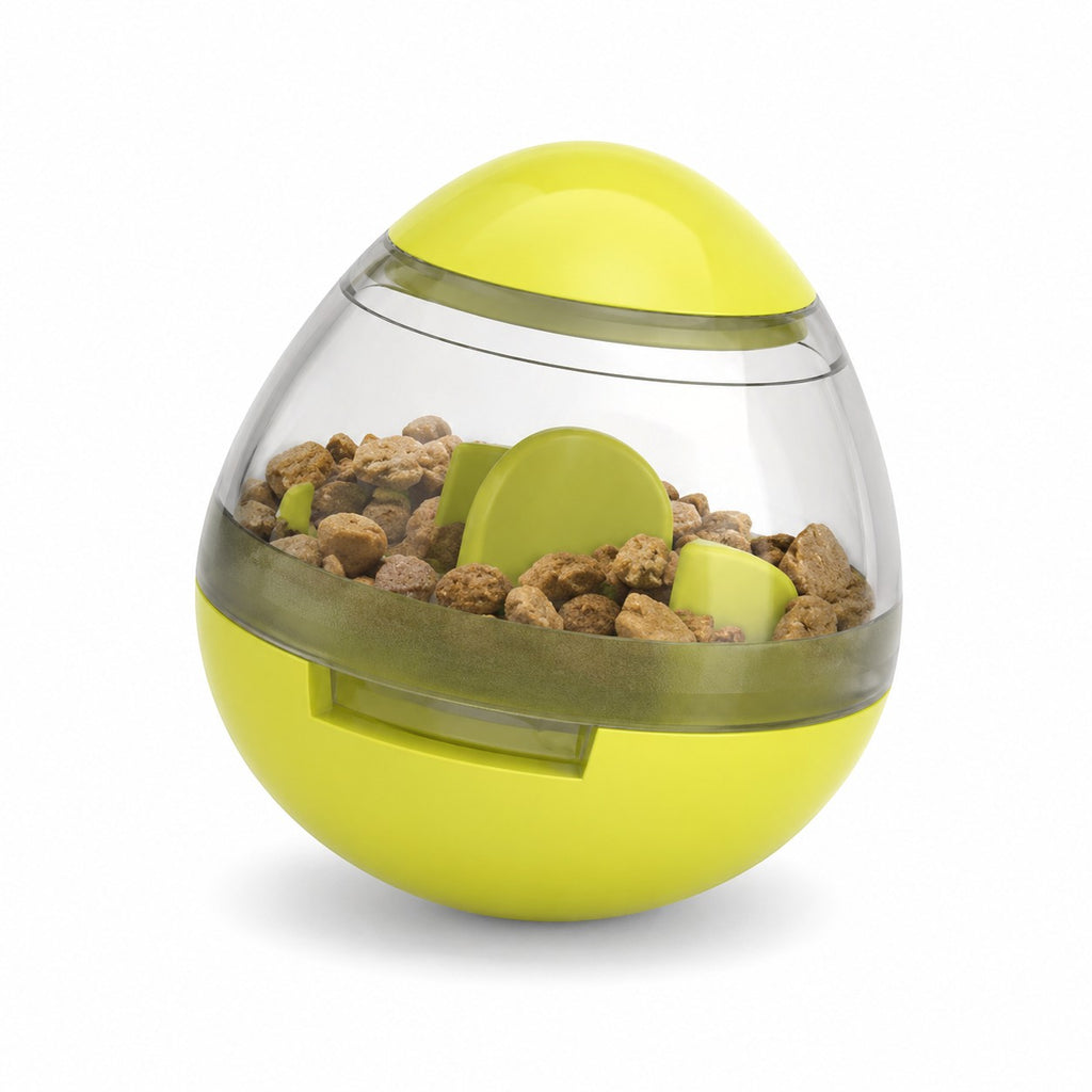 Tap2Own interactive dog treat dispensing egg toy in lime green, made of durable plastic, filled with kibble.