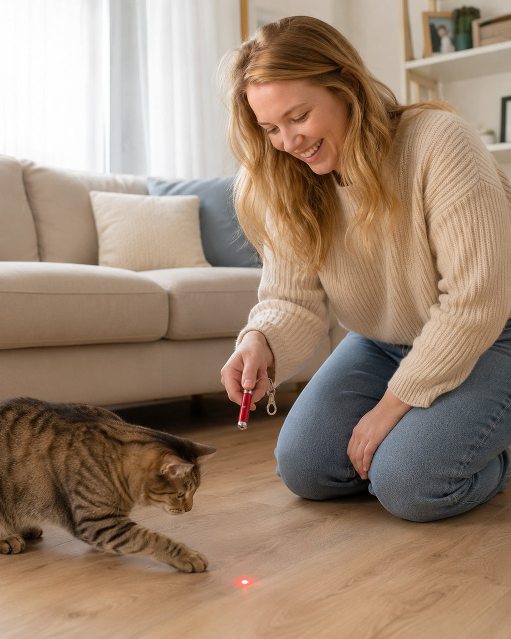 Tap2Own red aluminum alloy interactive laser toy for cats, projecting a red dot for play.
