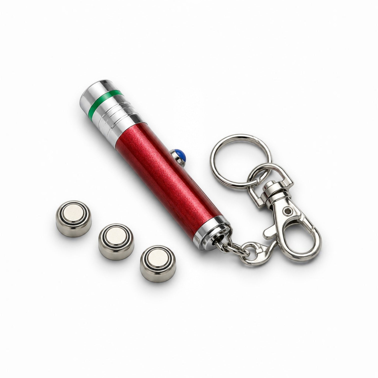 Tap2Own red metallic interactive laser cat toy with keychain and extra batteries. Features aluminum alloy construction and multiple light modes.