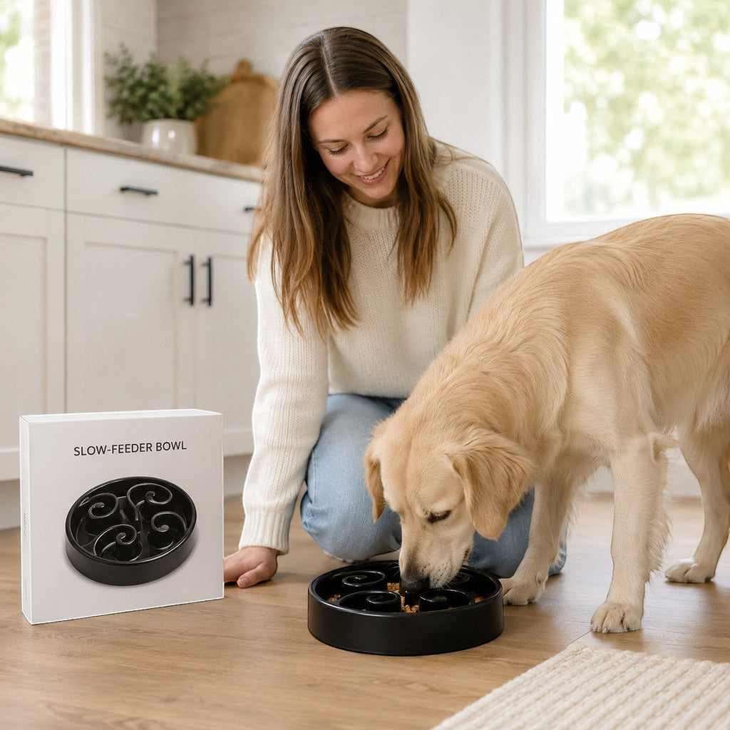 Tap2Own interactive black slow feeder dog bowl with maze design, promoting healthy digestion for pets.