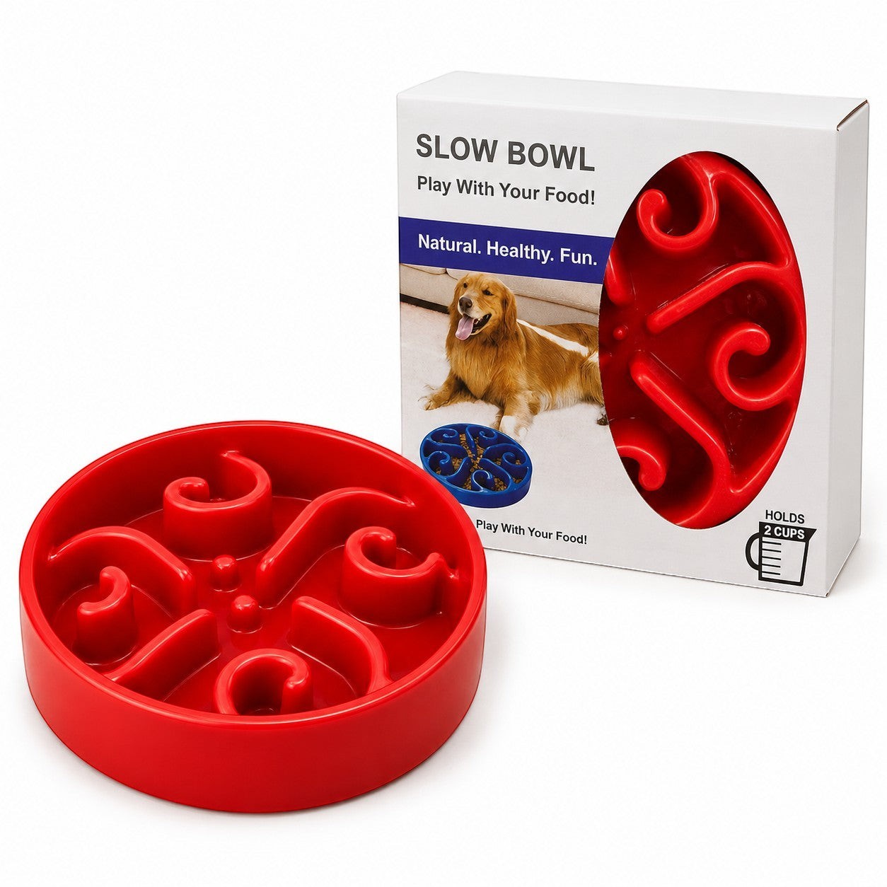 Tap2Own red interactive slow feeder dog bowl with maze design. Promotes healthy digestion and mental stimulation.
