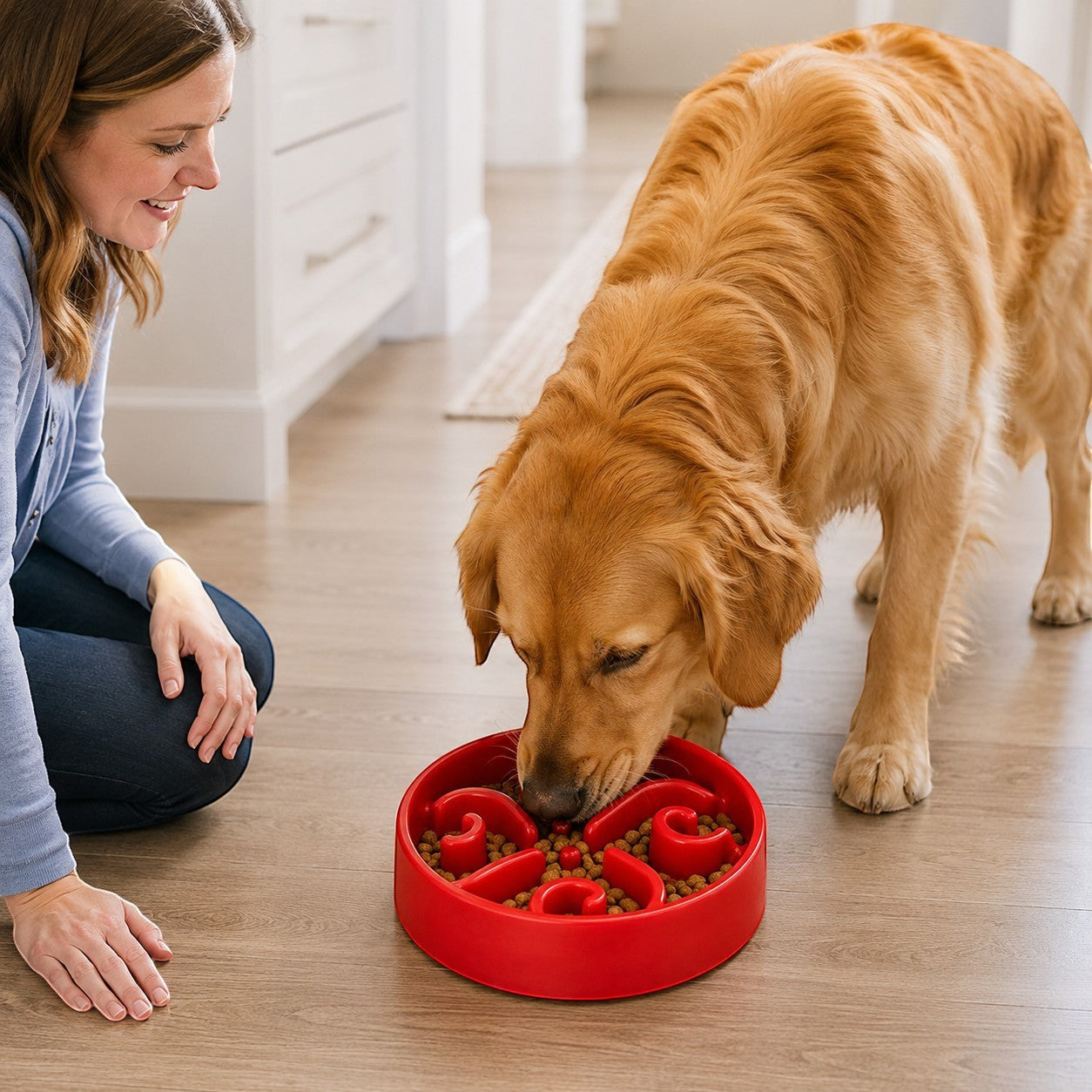Tap2Own red interactive slow feeder dog bowl with maze design, promoting healthy digestion for pets.
