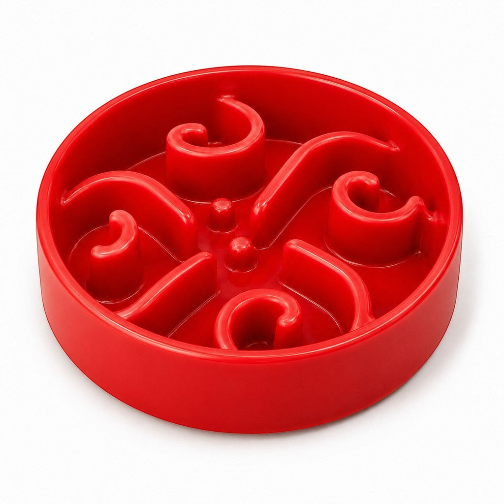Tap2Own red interactive slow feeder dog bowl with maze design to slow eating and prevent choking. BPA-free plastic.