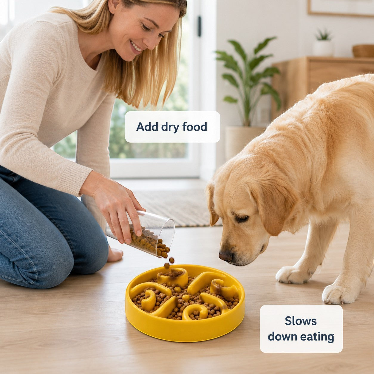 Tap2Own yellow interactive slow feeder dog bowl with maze design, BPA-free plastic, promotes healthy digestion.