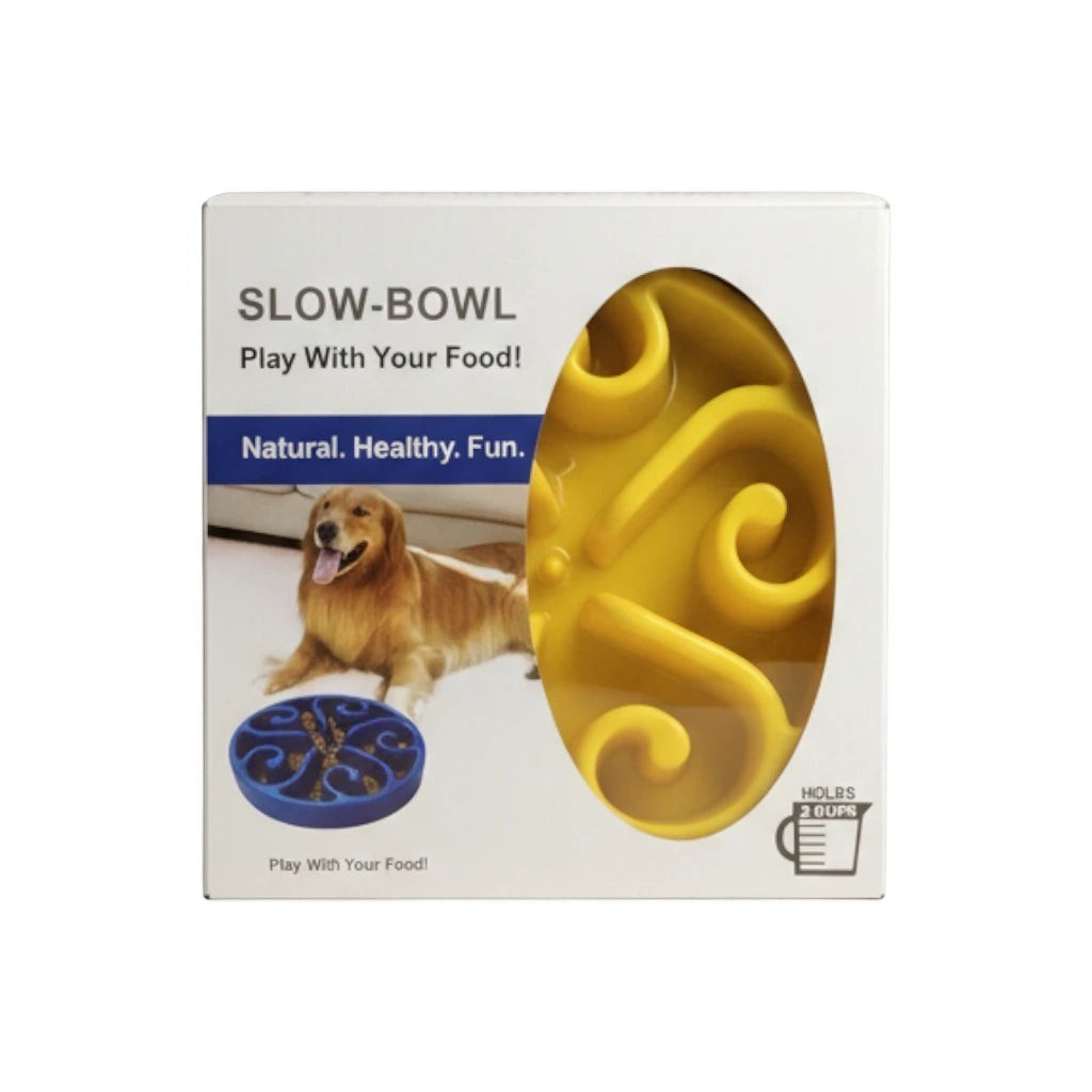 Tap2Own yellow interactive slow feeder dog bowl with maze design for healthy digestion and mental stimulation.