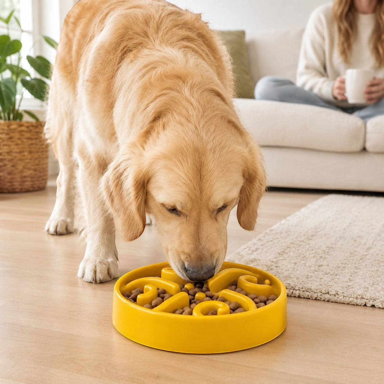 Tap2Own yellow interactive slow feeder dog bowl with maze design, filled with kibble, used by a golden retriever.
