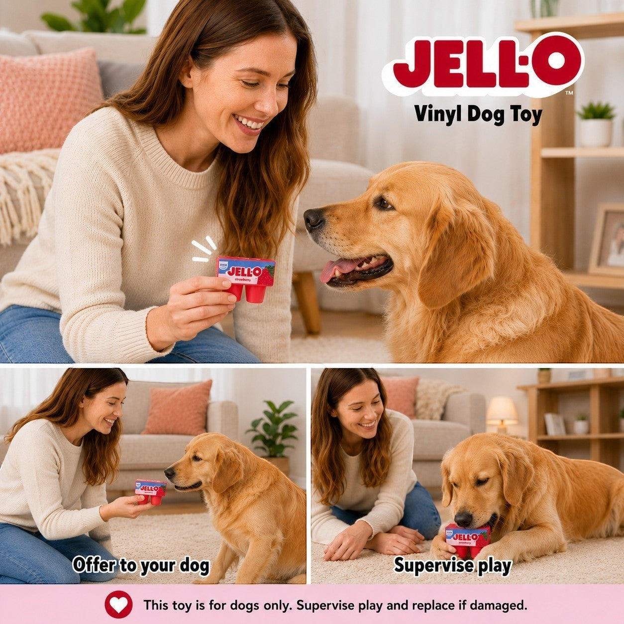 Tap2Own JELL-O Strawberry Vinyl Dog Toy, shaped like two red gelatin cups with squeaker. A woman offers it to a golden retriever.