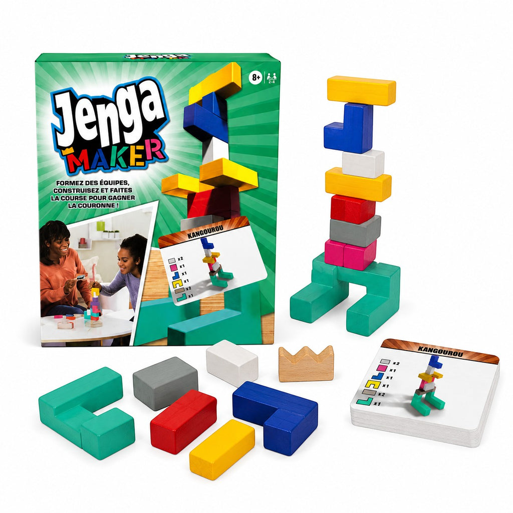 Tap2Own Jenga Maker Building Game with colorful wooden blocks and challenge cards for ages 8+, 2-4 players.