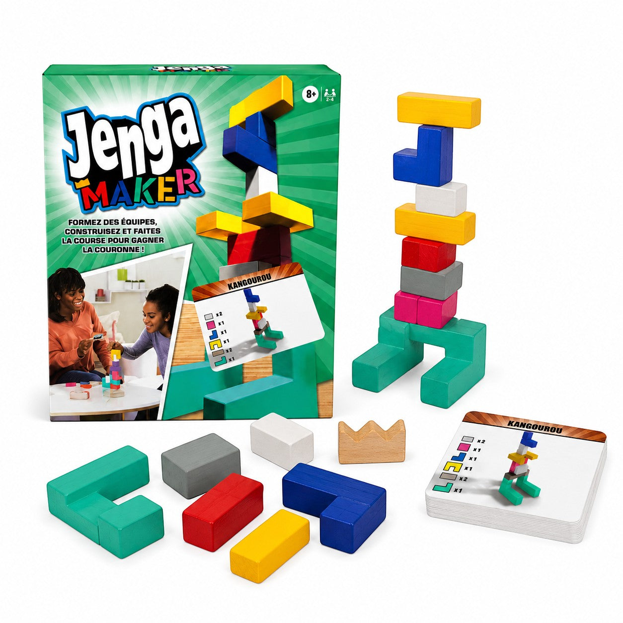 Tap2Own Jenga Maker Building Game with colorful wooden blocks and challenge cards for ages 8+, 2-4 players.