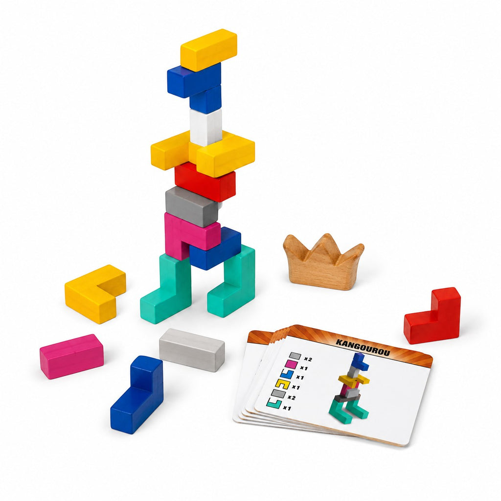 Tap2Own Jenga Maker building game with colorful wooden blocks, challenge cards, and a wooden crown on a white background.