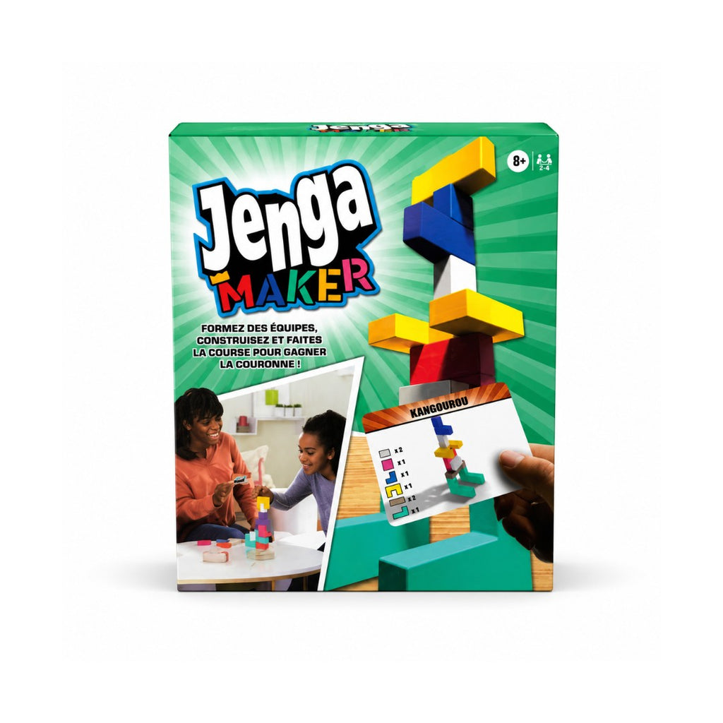 Tap2Own Jenga Maker building game box featuring colorful blocks and two people playing. Includes challenge cards and instructions.
