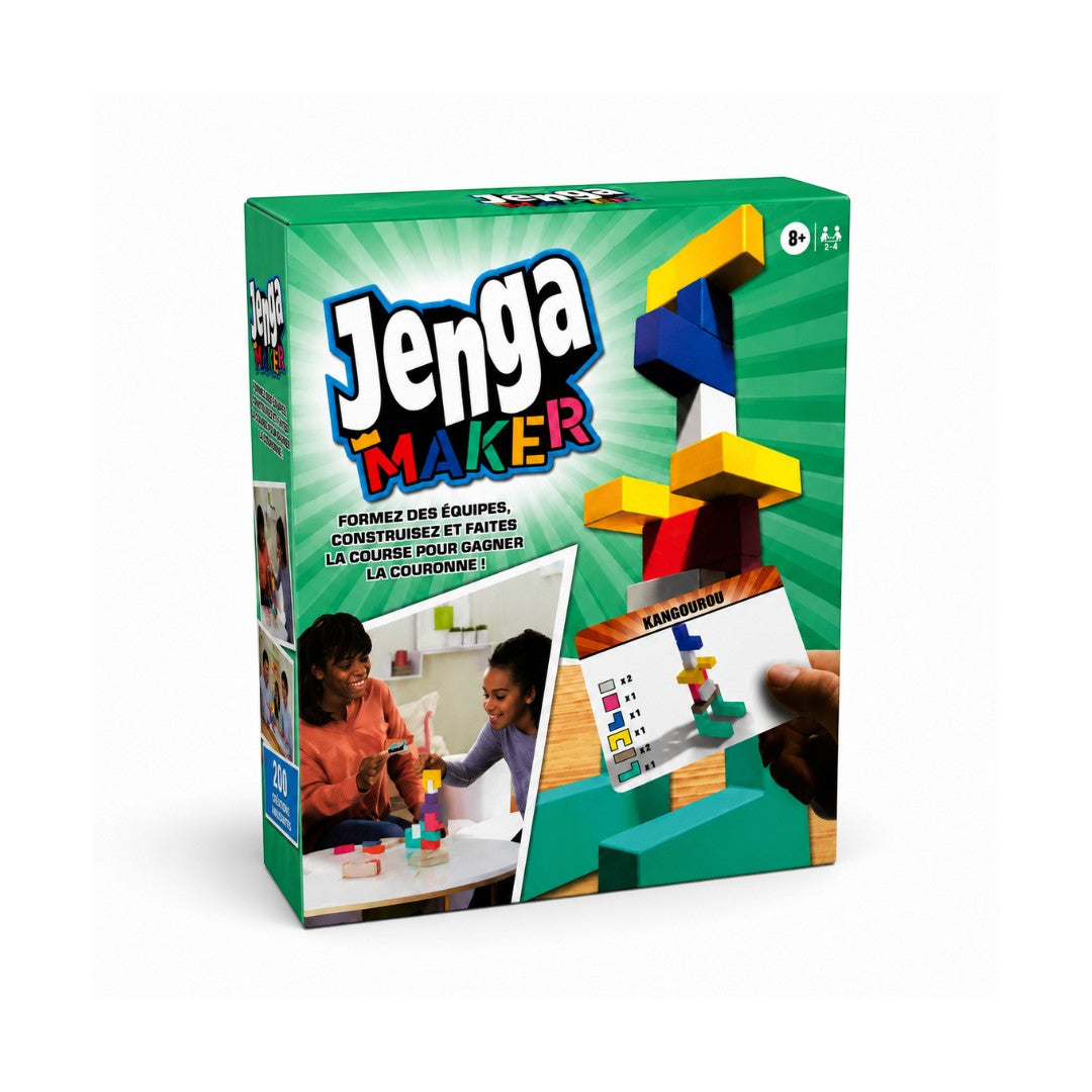 Tap2Own Jenga Maker building game box with colorful blocks and challenge cards, featuring two people playing.
