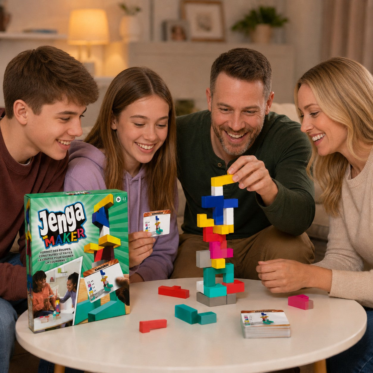 Tap2Own Jenga Maker building game with a family playing. Colorful blocks form a tower, with challenge cards and extra blocks on the table.