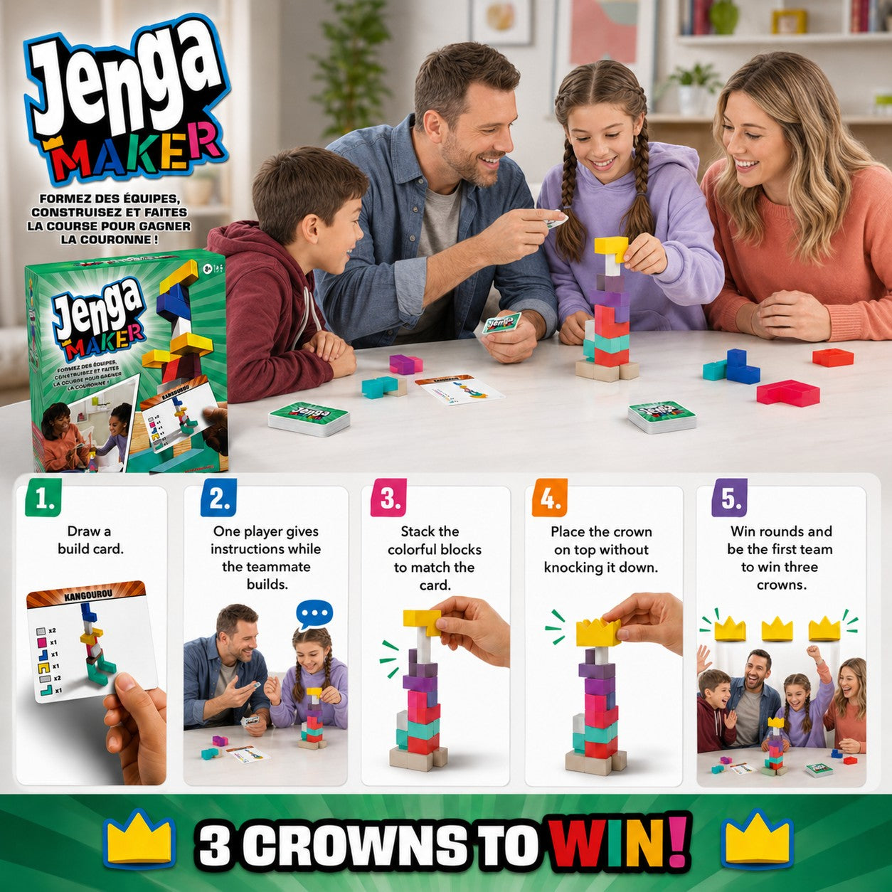 Tap2Own Jenga Maker building game with a family playing. Colorful blocks stack to form towers based on challenge cards.