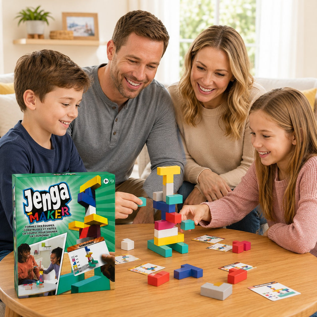 Tap2Own Jenga Maker building game with colorful blocks, challenge cards, and a family playing together on a wooden table.