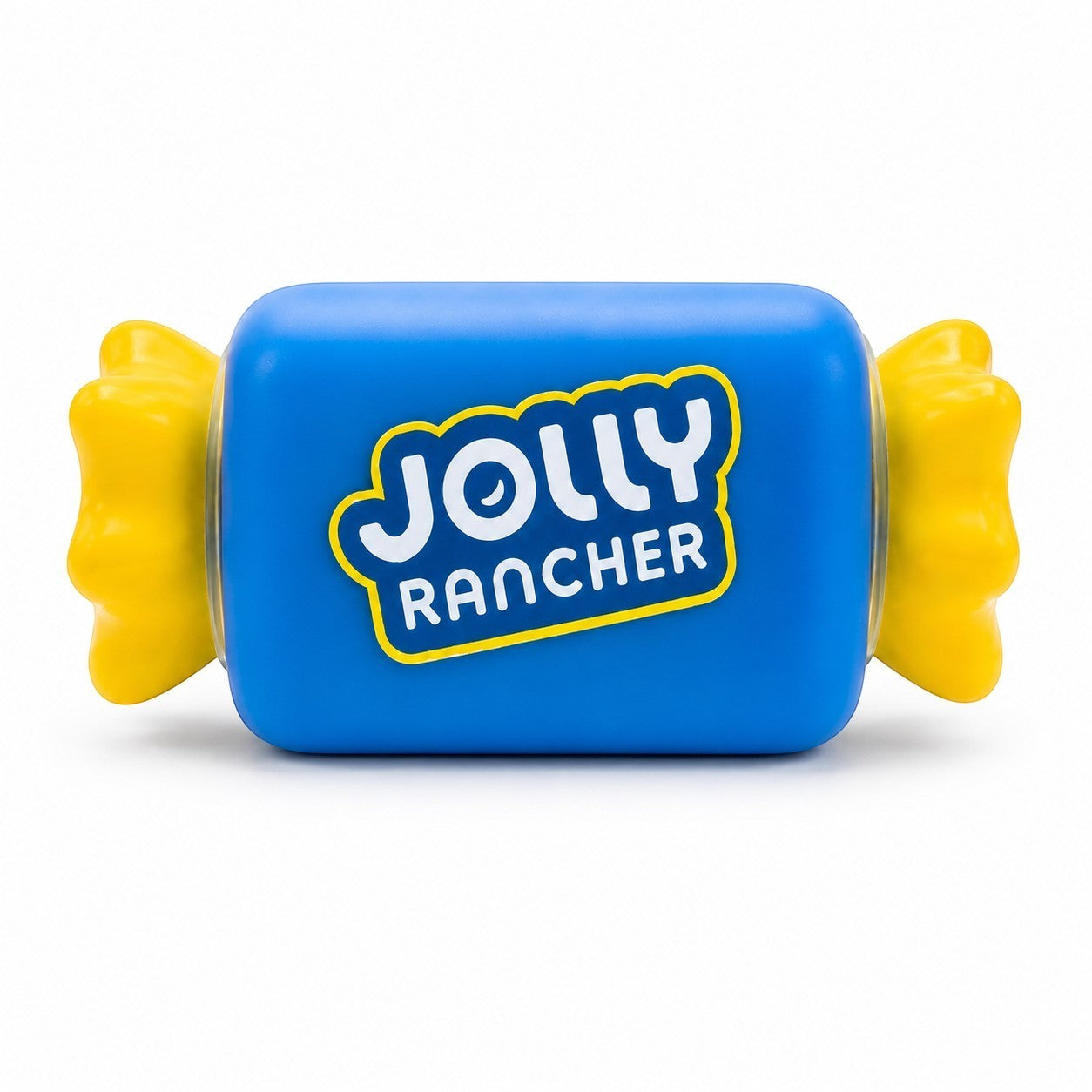 Tap2Own Jolly Rancher blue vinyl dog toy with yellow ends, shaped like candy, with squeaker.
