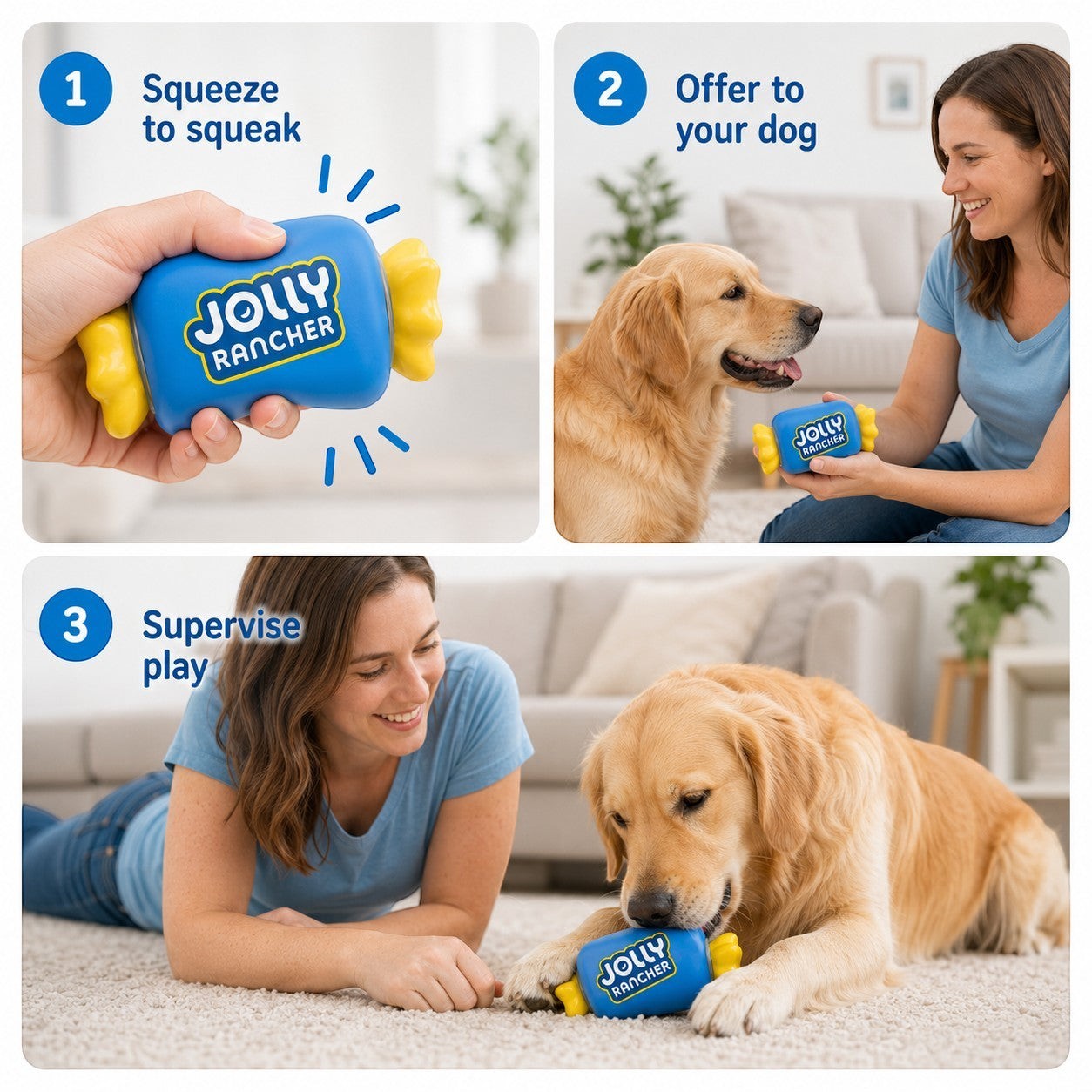 Tap2Own blue vinyl dog toy shaped like a Jolly Rancher candy with yellow ends and a squeaker.