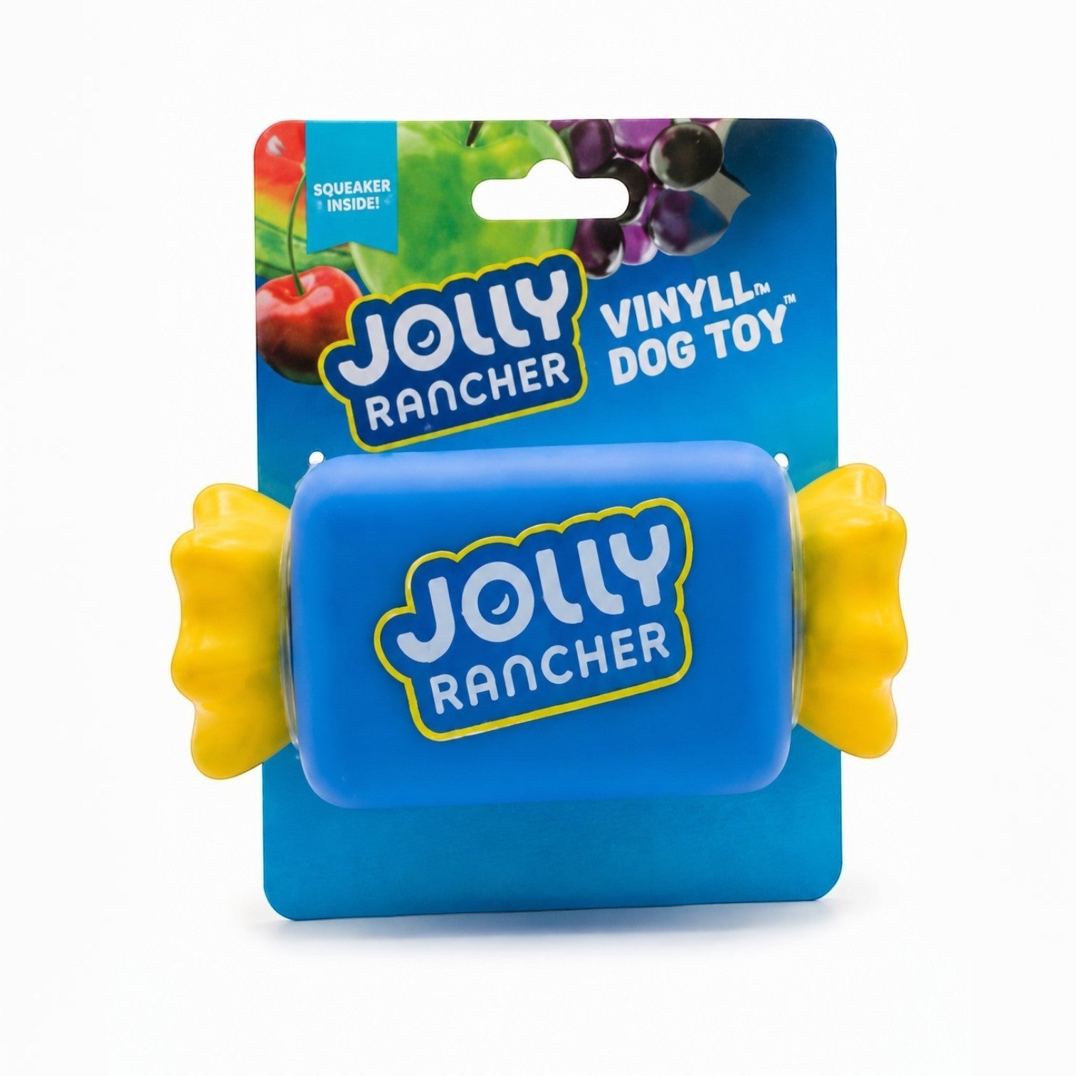 Tap2Own blue vinyl dog toy shaped like a Jolly Rancher candy with yellow ends and a squeaker inside.