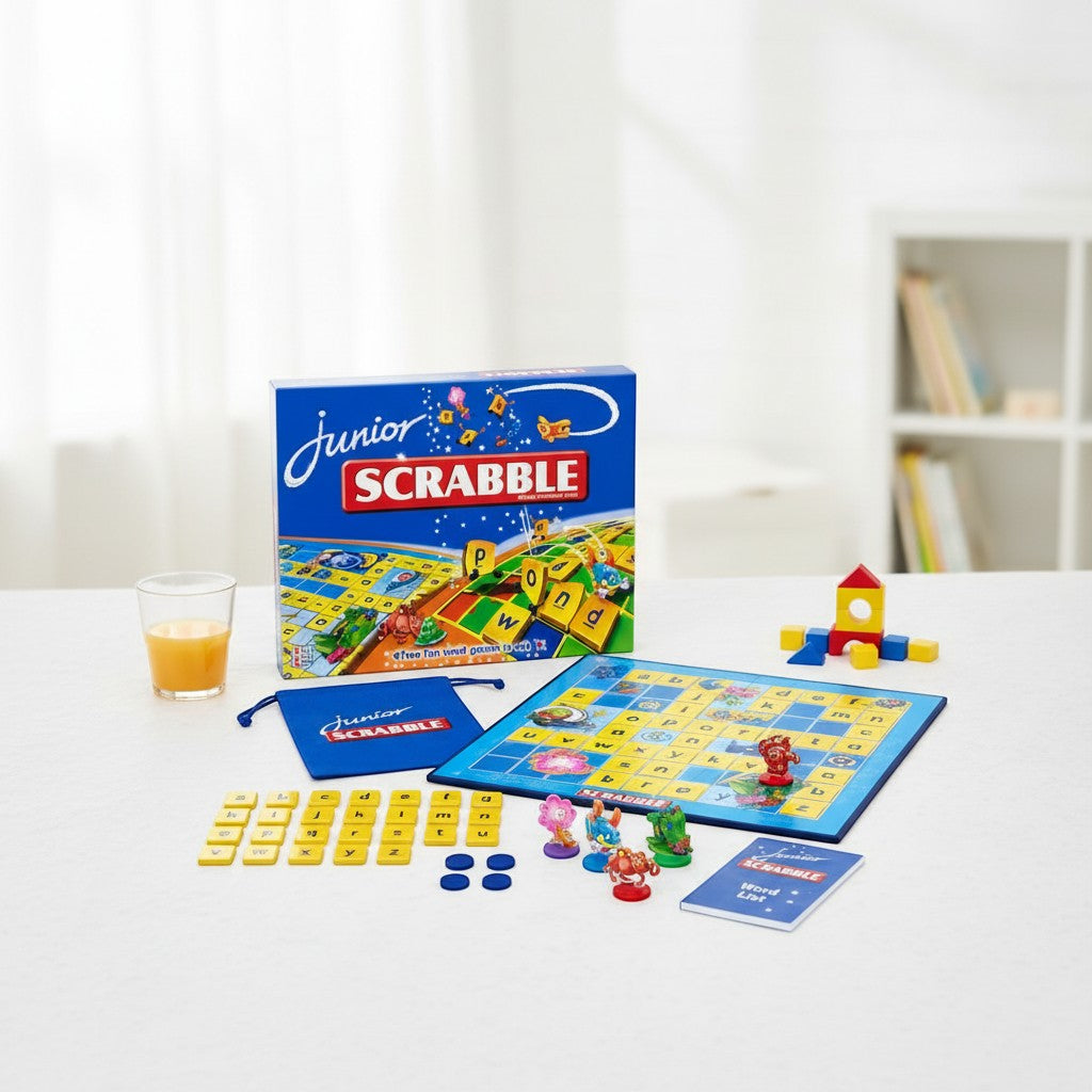 Tap2Own Junior Scrabble crossword game set with colorful game board, letter tiles, character tokens, and word list. Includes a glass of orange juice.