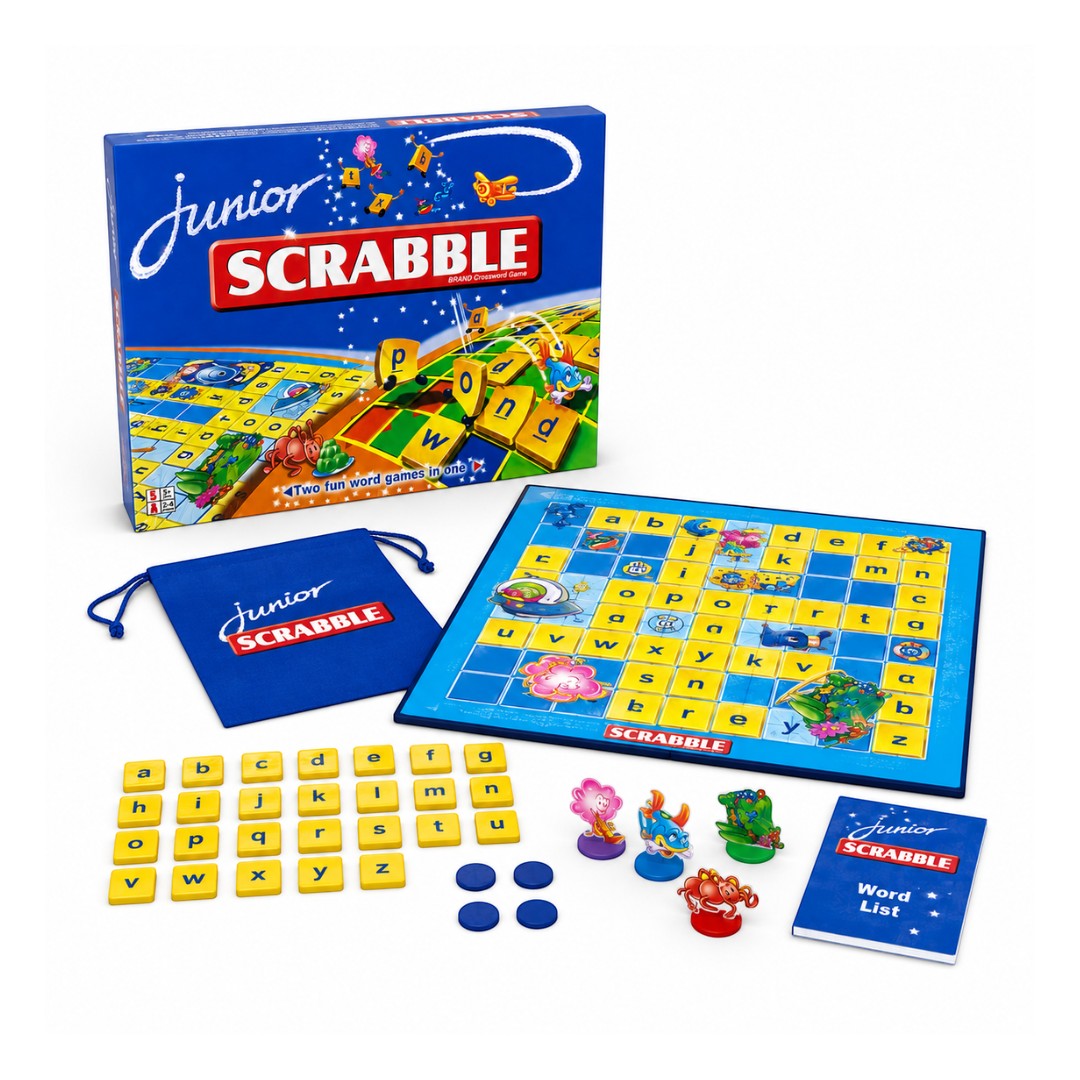 Tap2Own Junior Scrabble Brand Crossword Game board, tiles, tokens, and word list for ages 5 and up.