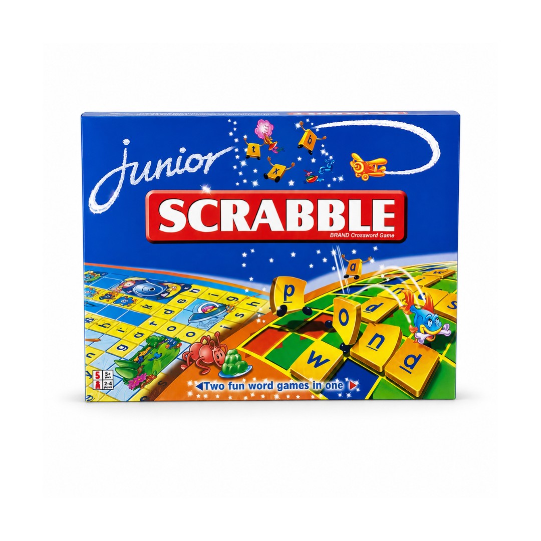 Tap2Own Junior Scrabble Brand crossword game box featuring colorful board, letter tiles, and playful illustrations. For ages 5+.