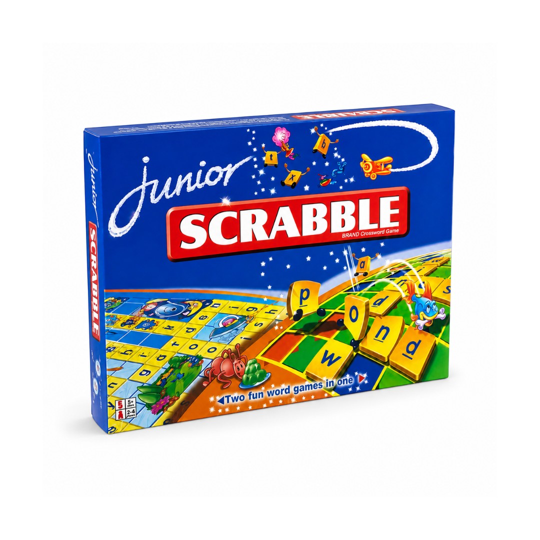 Tap2Own Junior Scrabble BRAND Crossword Game box with colorful illustrations and game board elements. For ages 5+.