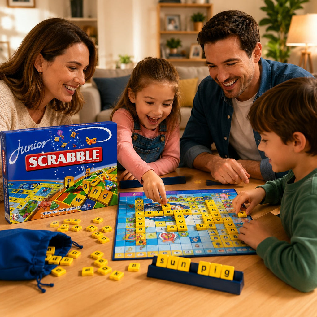 Tap2Own Junior Scrabble board game with a family playing. Features colorful tiles and a fun crossword board.