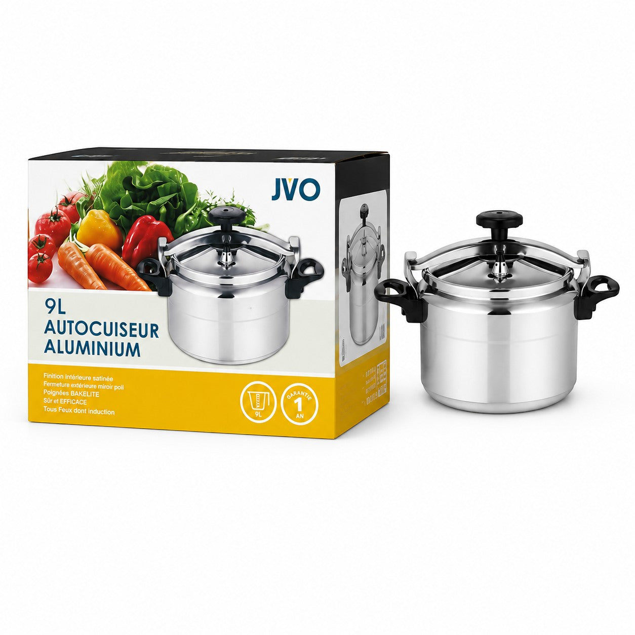 Tap2Own JVO 9L aluminum pressure cooker with cool-touch Bakelite handles and secure locking lid. Satin interior, mirror-polished exterior.