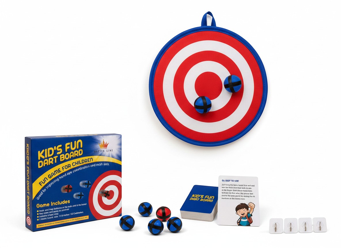 Tap2Own Kids Fun Dart Board with red, white, and blue target, includes 6 soft balls and hanging hooks.