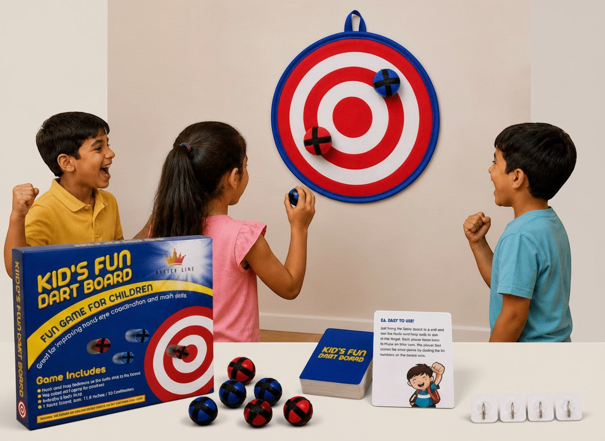 Tap2Own Kids Fun Dart Board game with red, white, and blue fabric board, 6 soft balls, and instruction cards. Children playing.