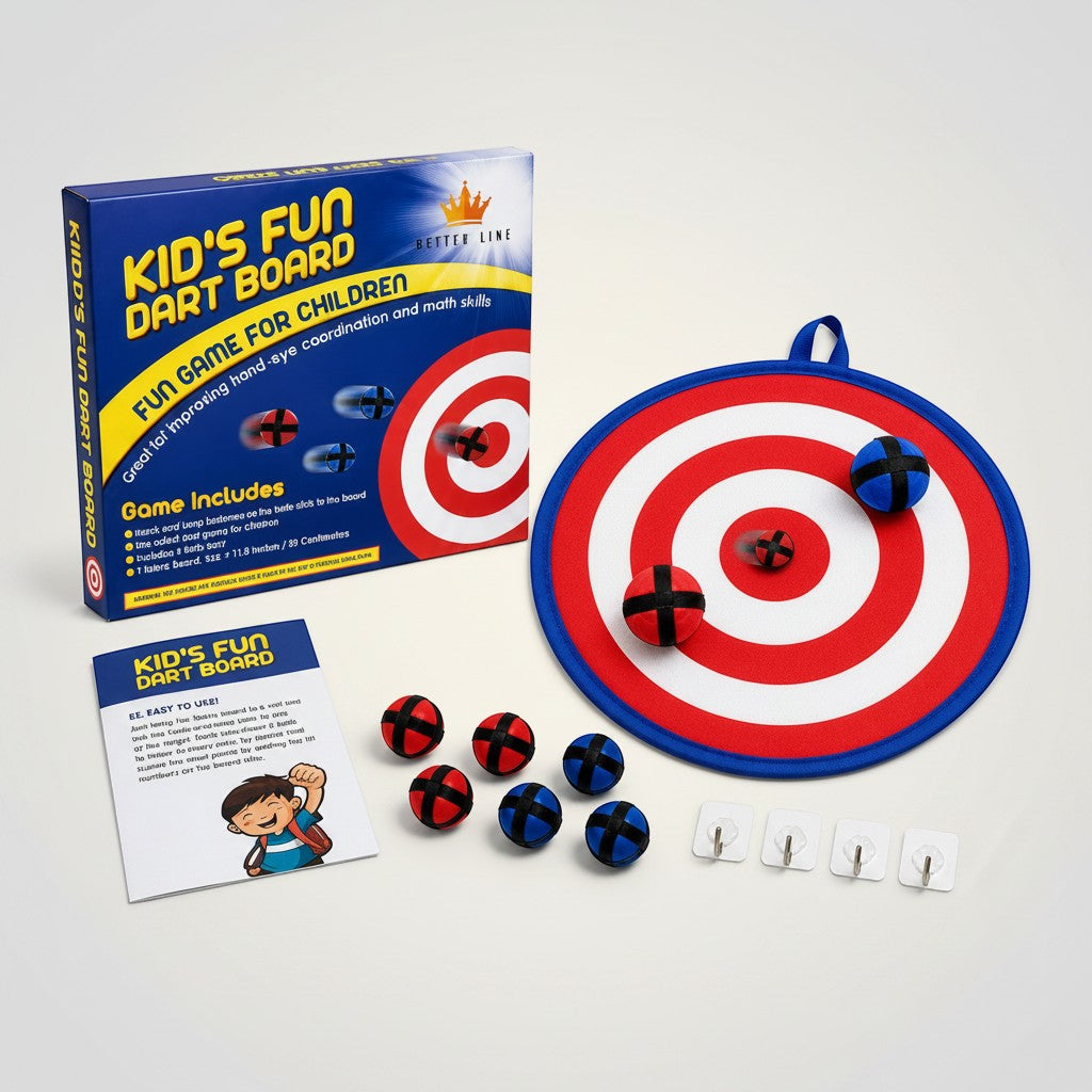 Tap2Own Kids Fun Dart Board Game with red and blue fabric balls and hook and loop fasteners. Includes board, 6 balls, and hanging hooks.