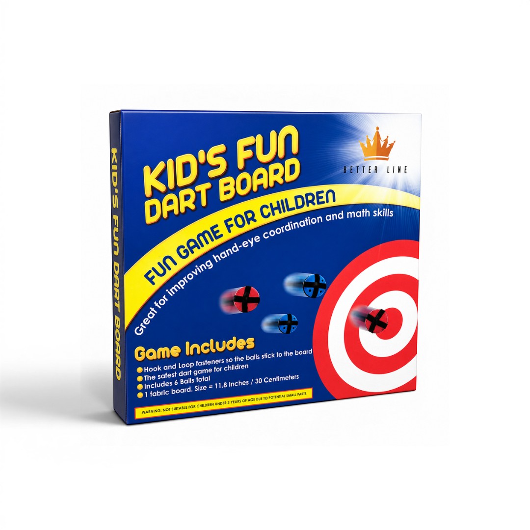 Tap2Own Kids Fun Dart Board game box with colorful graphics, featuring a target and soft balls. Great for children's hand-eye coordination.
