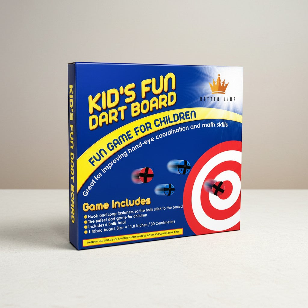 Tap2Own Kids Fun Dart Board Game box, featuring a blue background with yellow text and a red and white target. Includes 6 balls and a 30cm fabric board.