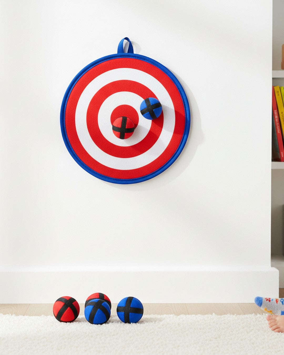Tap2Own Kids Fun Dart Board Game with red and white target and blue trim. Includes 6 soft balls in red and blue.