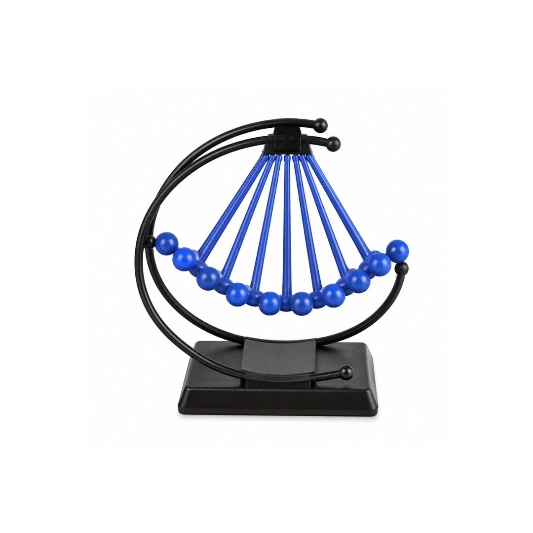 Tap2Own Kinetic Desk Toy Pendulum Wave with blue metallic balls and black metal frame, demonstrating physics principles.