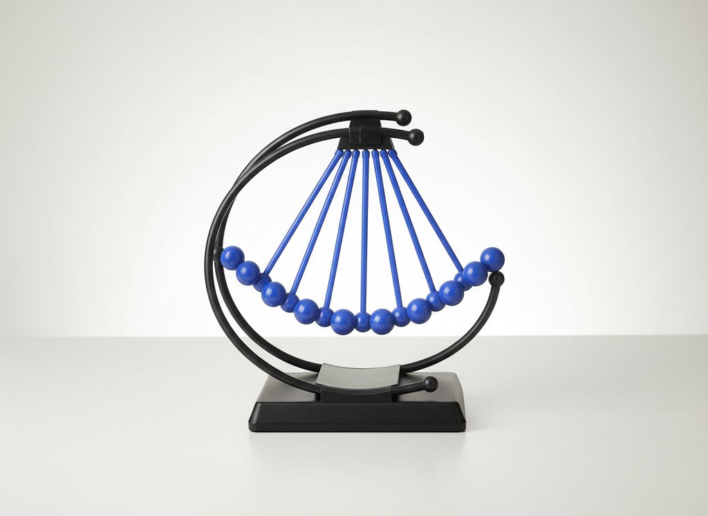 Tap2Own Kinetic Desk Toy Pendulum Wave with blue metallic balls and black metal frame, demonstrating physics principles.