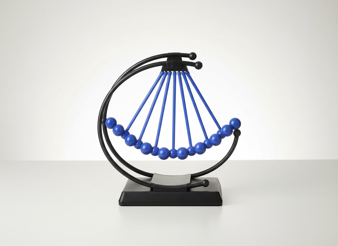 Tap2Own Kinetic Desk Toy Pendulum Wave with blue metallic balls and black metal frame, demonstrating physics principles.