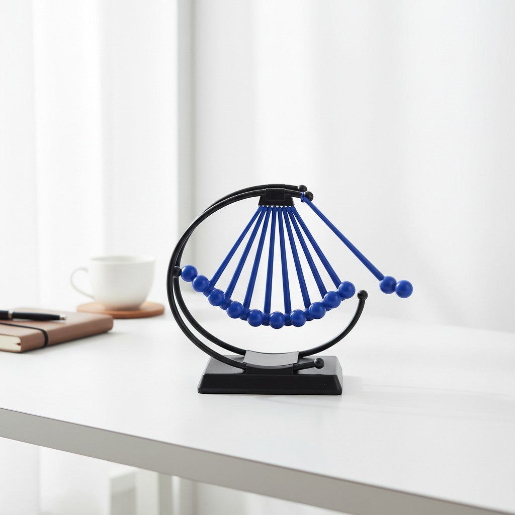 Tap2Own Kinetic Desk Toy Pendulum Wave with blue metallic balls and black metal frame, demonstrating physics principles.