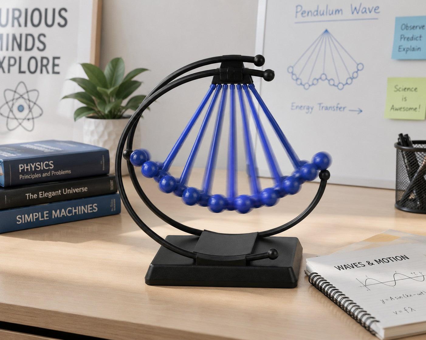 Tap2Own Kinetic Desk Toy Pendulum Wave with blue metallic balls on a black metal frame, demonstrating physics principles.