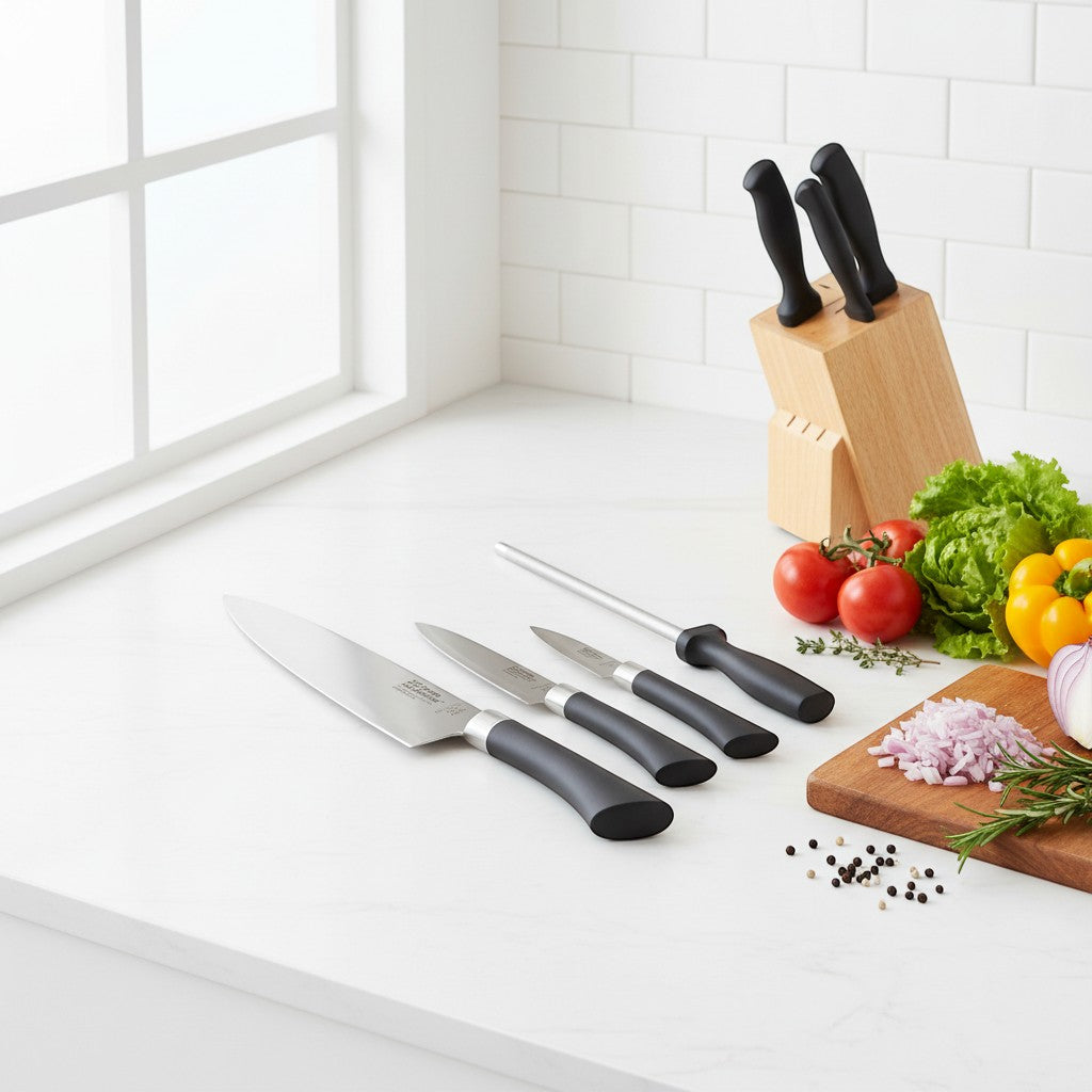 Tap2Own stainless steel 4-piece knife set with sharpener and wooden block. Includes chef's, utility, paring knives.
