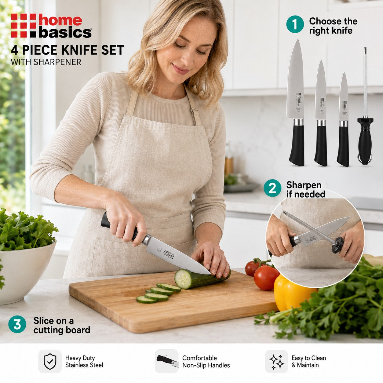 Tap2Own Home Basics 4 Piece Knife Set with sharpener, featuring stainless steel blades and ergonomic handles. A woman slices a cucumber on a cutting board.