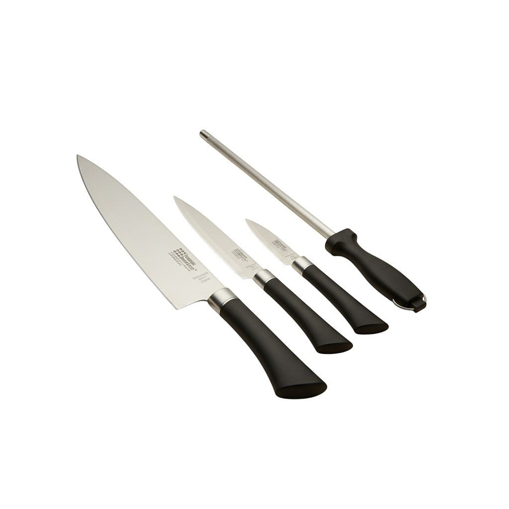 Tap2Own stainless steel 4-piece knife set with black ergonomic handles and sharpener.