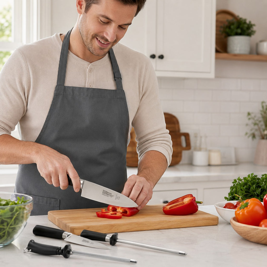 Tap2Own Home Basics 4-piece stainless steel knife set with sharpener, man chopping red pepper.