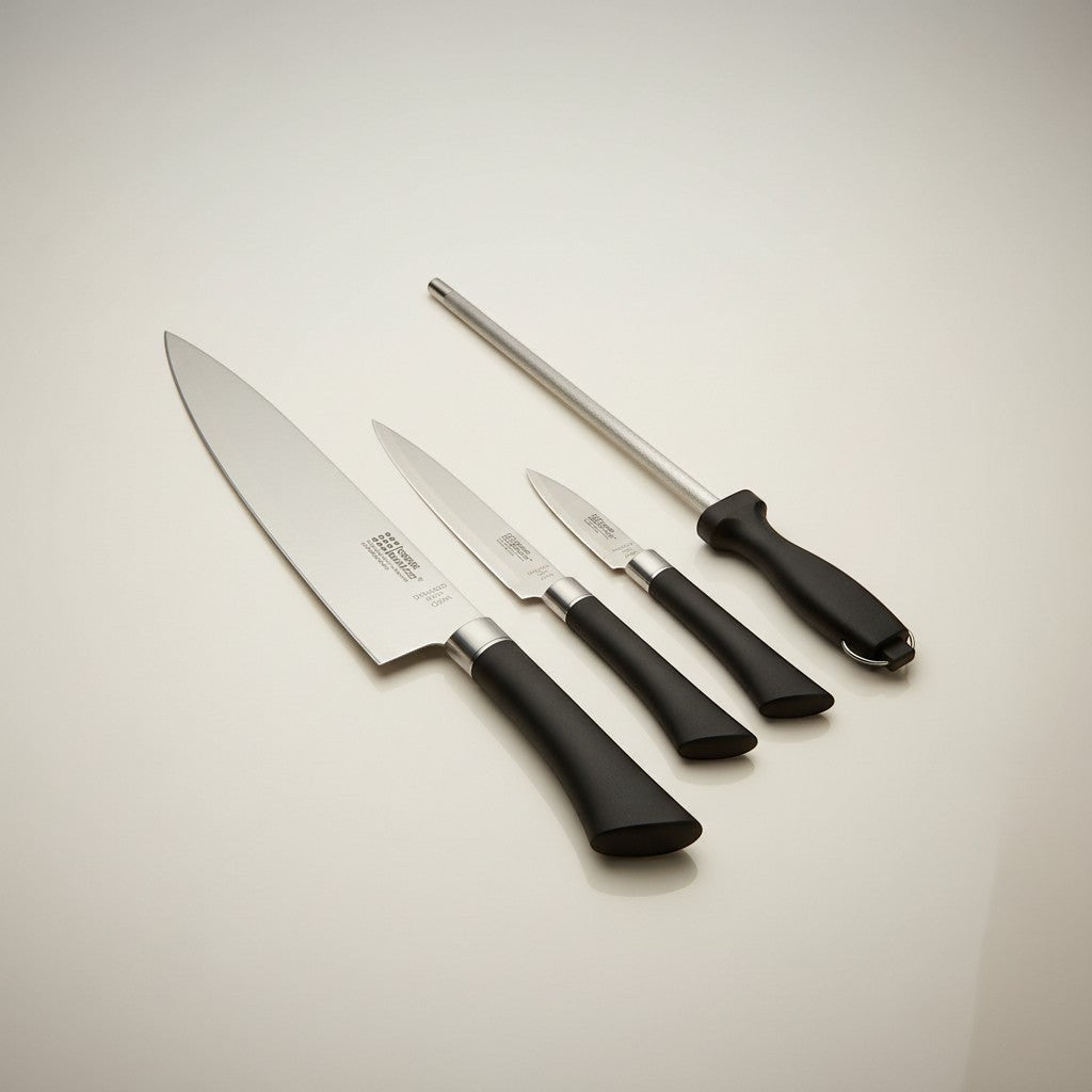 Tap2Own Home Basics 4-piece stainless steel knife set with black ergonomic handles and a sharpener.
